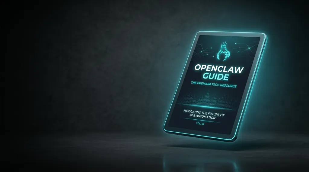 3D mockup of the OpenClaw Beginner's Guide ebook, featuring elegant dark aesthetic and cyan accents