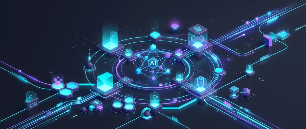Abstract 3D illustration of an AI automation workflow showing glowing geometric nodes