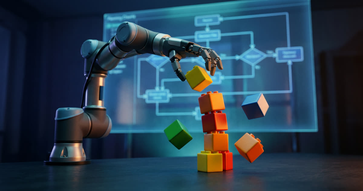 Robot arm stacking blocks with a planning flowchart